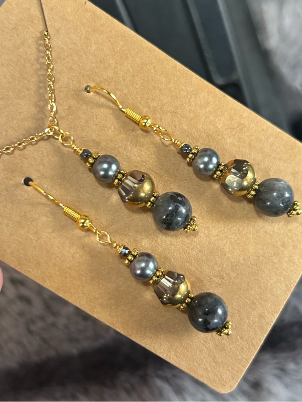 Handcrafted di-cut art glass larvikite pearl necklace and earring set